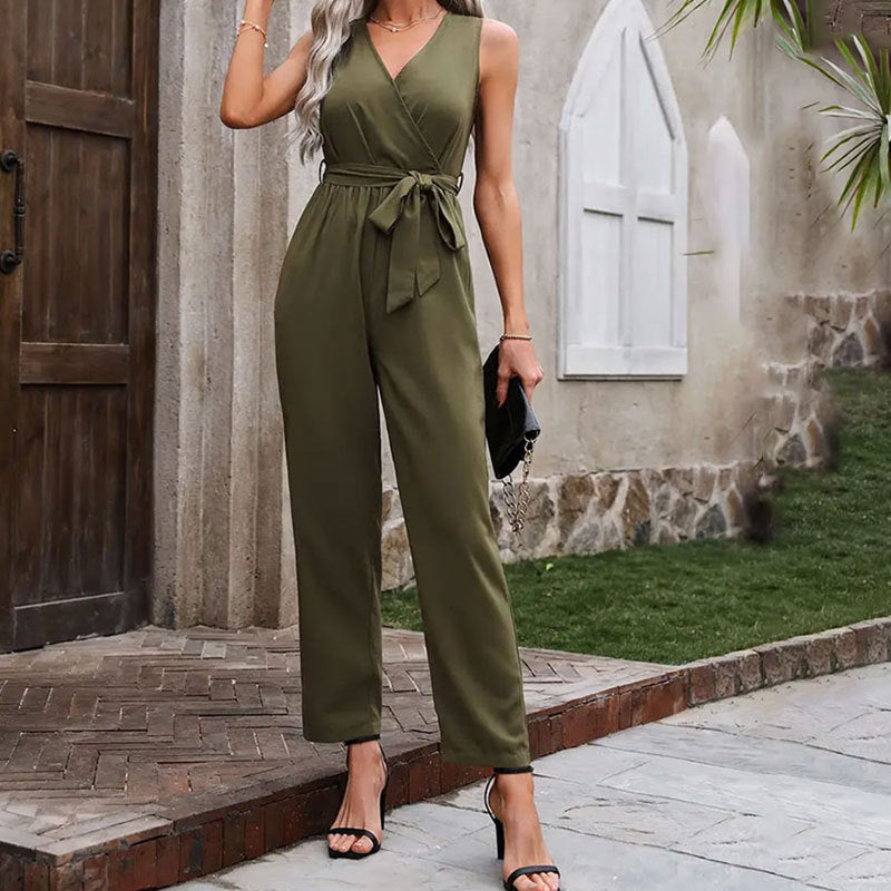 Damen eleganter Wickel-Jumpsuit mit Taillengürtel W&W Mode