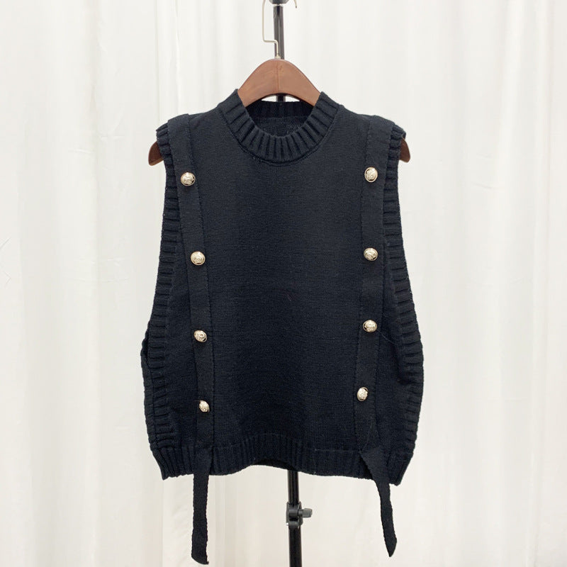 Damen Strickweste mit Knopfverschlüssen und seitlichen Bändern WW