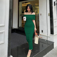 Damen Bodycon Maxikleid mit schulterfreiem Design und Raffungen WW