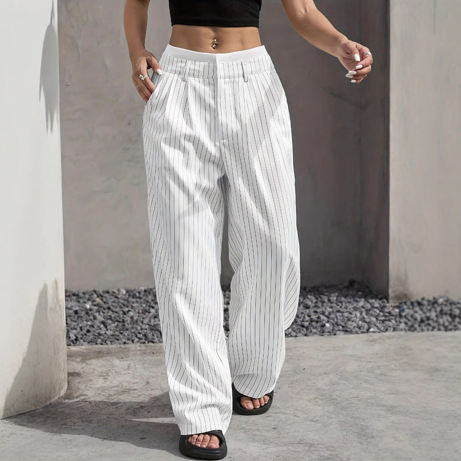 Damen Elegante Weite Hose mit Nadelstreifen und hohem Bund WW