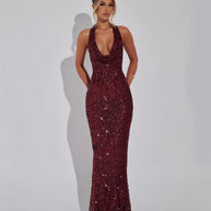 Damen Abendkleid mit glamourösem Paillettenbesatz und elegantem V-Ausschnitt WW