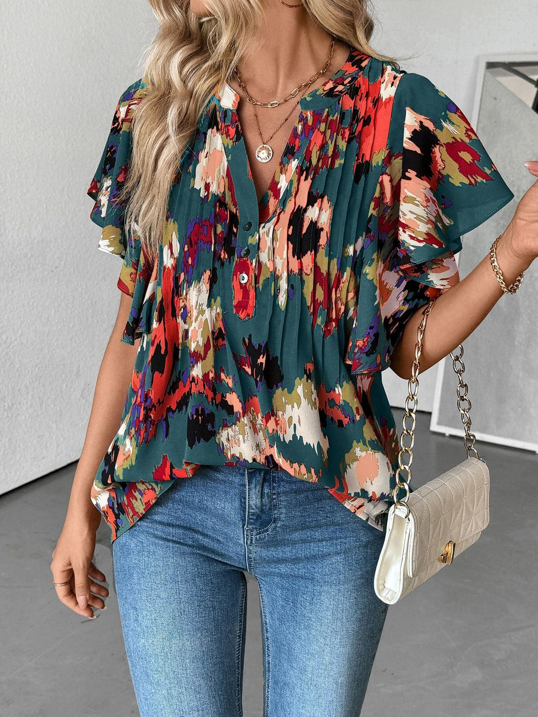 Damen Bluse mit eleganten Rüschendetails und verspieltem Print W&W Mode