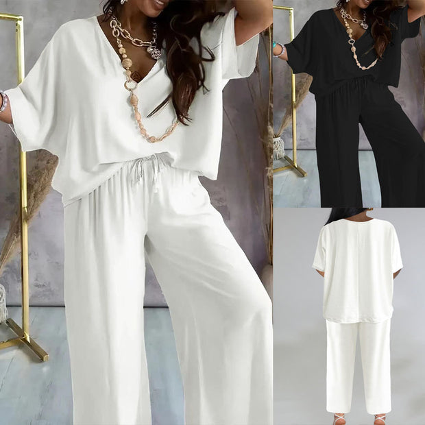 Damen eleganter Jumpsuit mit V-Ausschnitt und weitem Bein WW