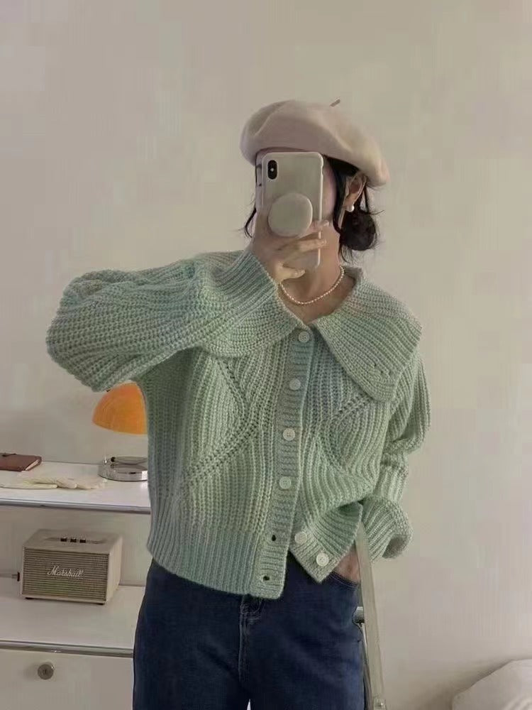 Damen Strickjacke mit großem Kragen und voluminösen Ärmeln WW