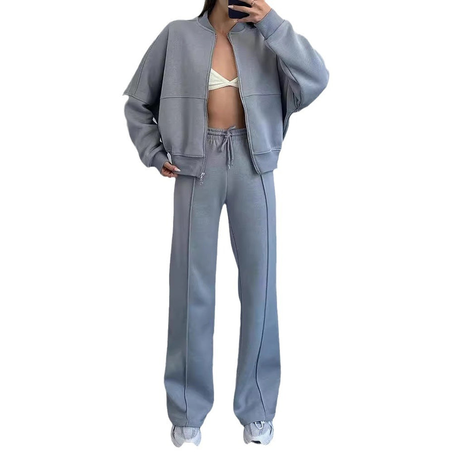Damen Sportliches Lounge-Set mit Reißverschlussjacke und weiten Hosen WW