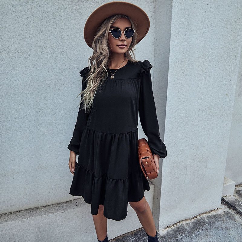 Damen Midi-Kleid mit Rüschendetails und voluminösem Rock W&W Mode