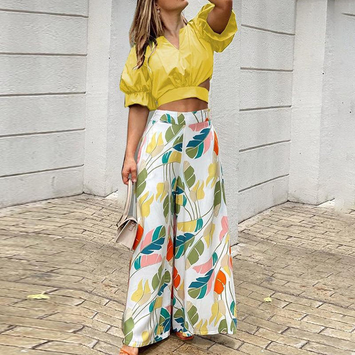 Damen Crop-Top und weit geschnittene Hose Set W&W Mode