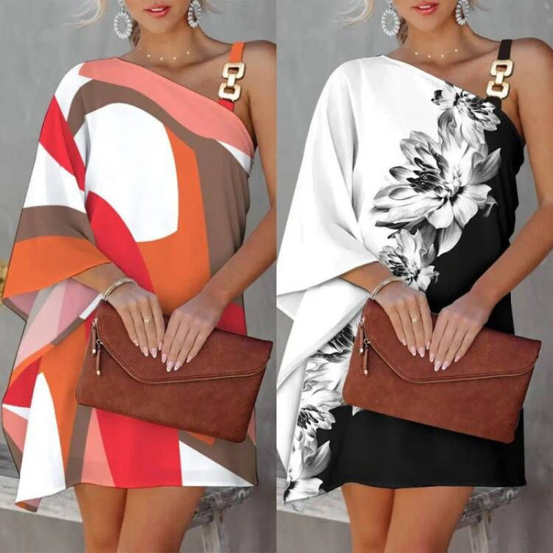 Damen asymmetrisches Floral-Kleid mit einem Schulterträger und stilvollem Design WW