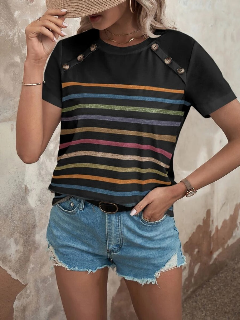 Damen gestreiftes T-Shirt mit modischen Knopfdetails und Rundhalsausschnitt WW