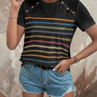 Damen gestreiftes T-Shirt mit modischen Knopfdetails und Rundhalsausschnitt WW