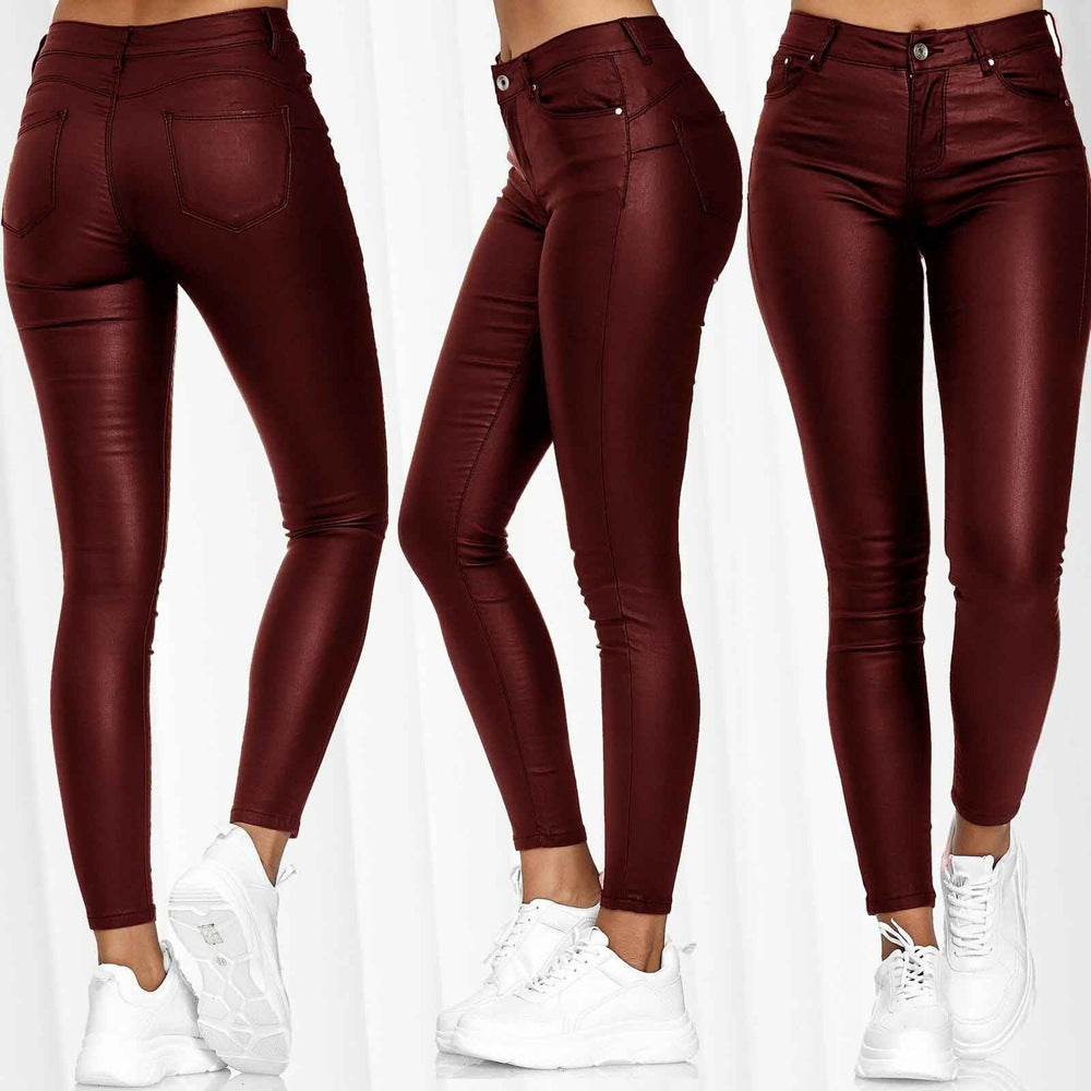 Damen figurbetonte Kunstleder-Hose mit mattem Finish und tiefem Bund WW