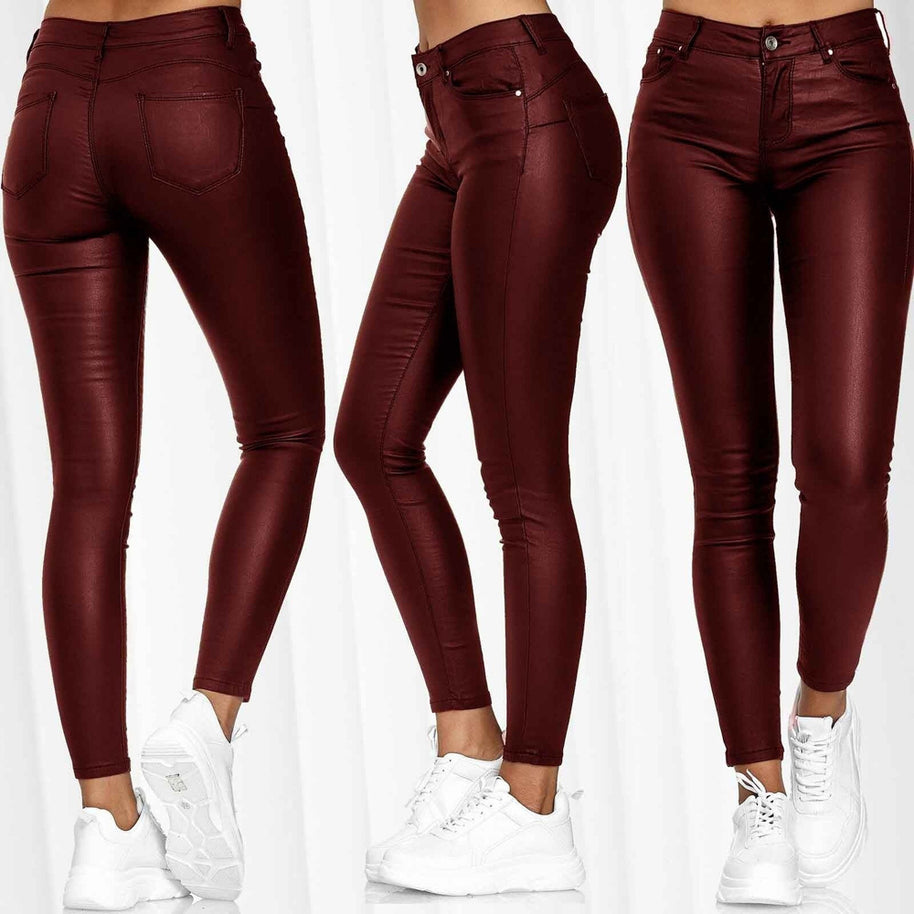 Damen figurbetonte Kunstleder-Hose mit mattem Finish und tiefem Bund WW