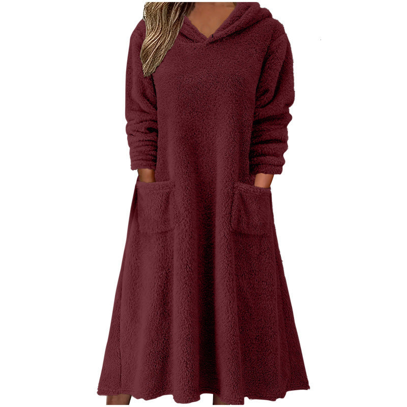 Damen Kuscheliger Fleece-Kleid mit Kapuze und praktischen Taschen WW