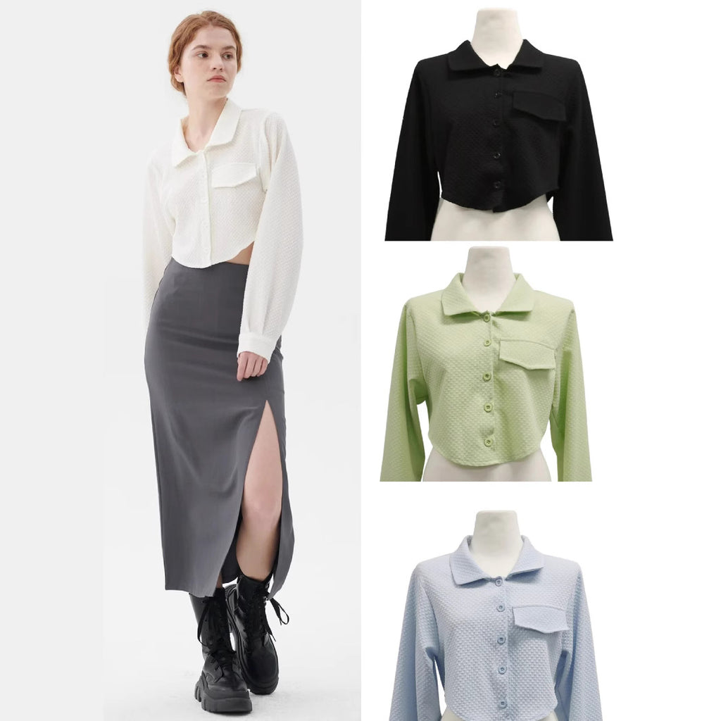 Damen lässiges geknöpftes Crop-Shirt mit Strukturmuster und aufgesetzter Tasche WW