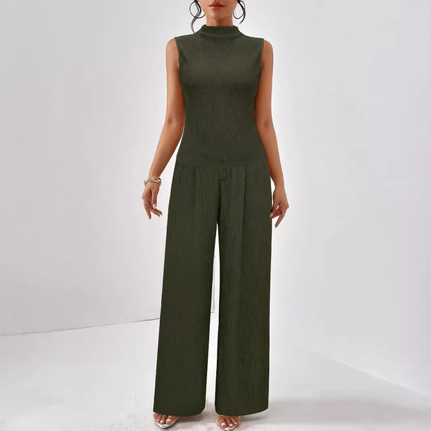 Damen eleganter Jumpsuit mit Rippstruktur und hochgeschlossenem Kragen W&W