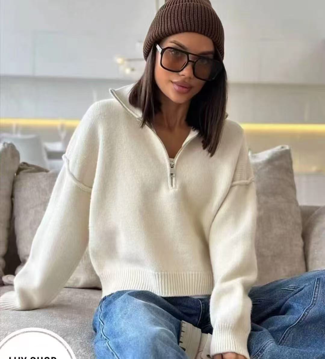 Damen Pullover mit weitem Kragen und praktischer Reißverschlussöffnung WW