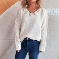 Damen Pullover mit romantischen Rosenapplikationen und weitem Schnitt WW