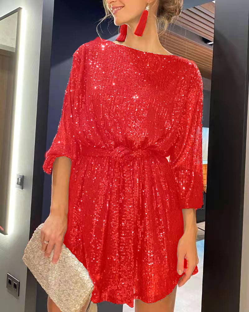 W&W Mode | Urlaubsfestmode Pailletten Taillengürtel Kleid