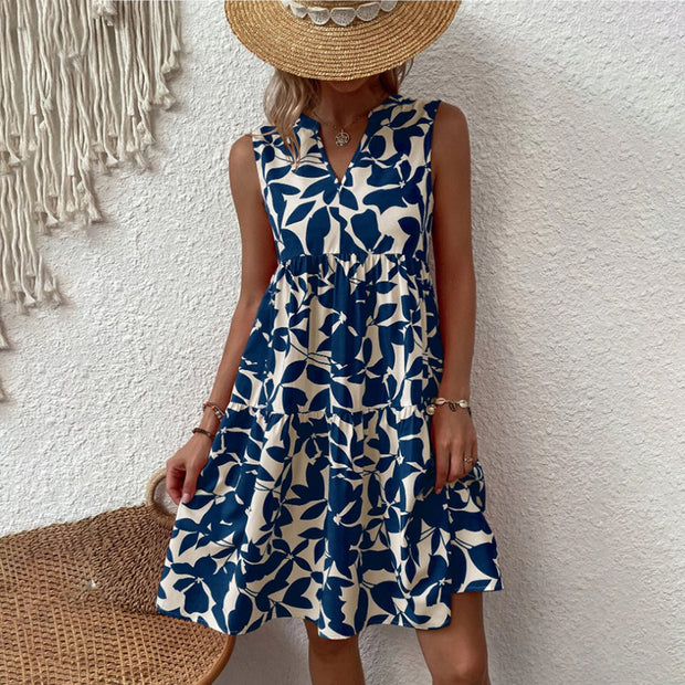 Damen luftiges ärmelloses Sommerkleid mit floralen Mustern und weitem Schnitt WW