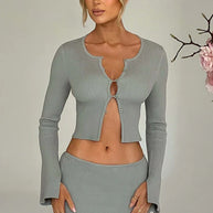 Damen Strick Set mit tiefem Ausschnitt und ausgestellten Ärmeln WW