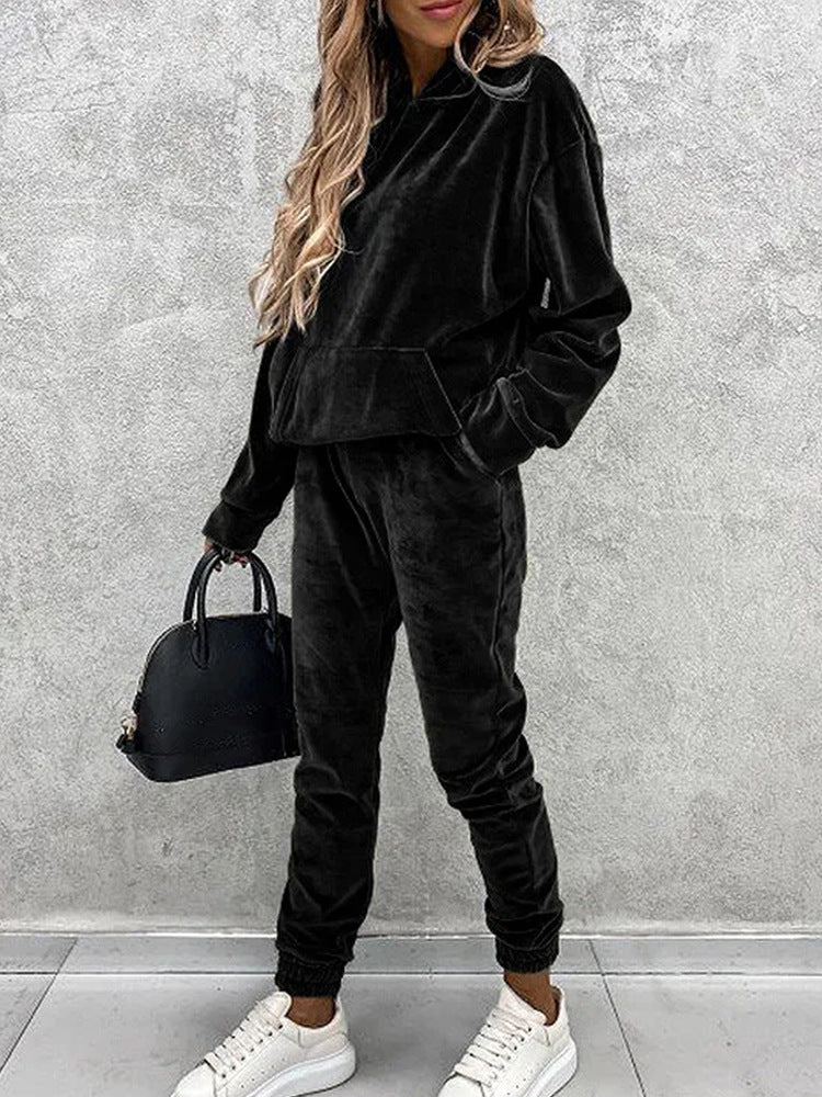 Damen sportliches Velours-Loungewear-Set mit Kapuze und elastischem Bund WW