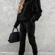 Damen sportliches Velours-Loungewear-Set mit Kapuze und elastischem Bund WW