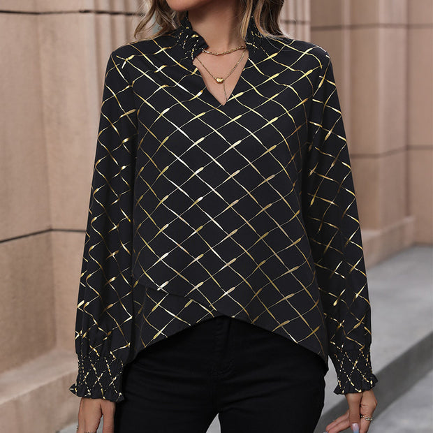 Damen Bluse mit elegantem Rautenmuster und Puffärmel WW