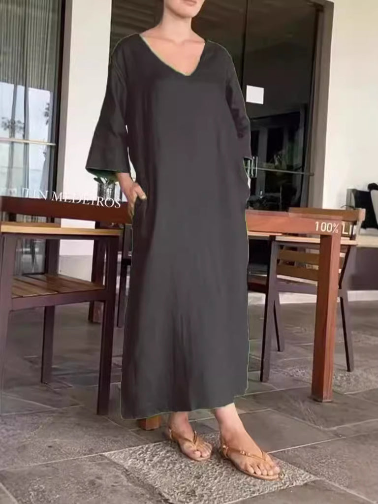 Damen Langes Leinenkleid mit tiefem V-Ausschnitt und seitlichen Taschen WW
