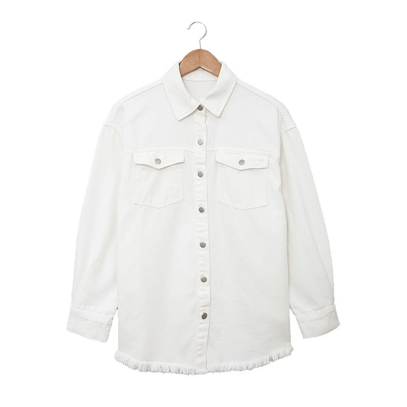 Damen Denim-Hemdjacke mit abgerundetem Saum und abnehmbaren Taschen WW