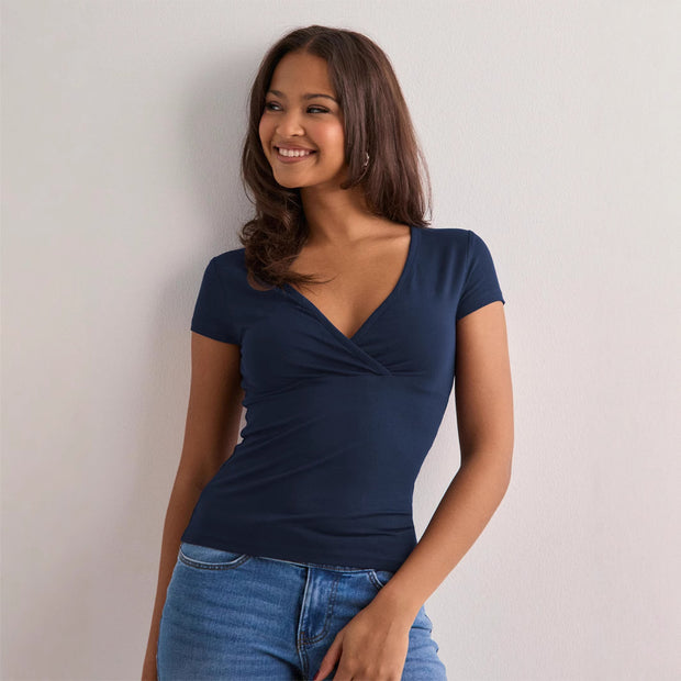 Damen Stilvolles Wickel V-Ausschnitt Top WW