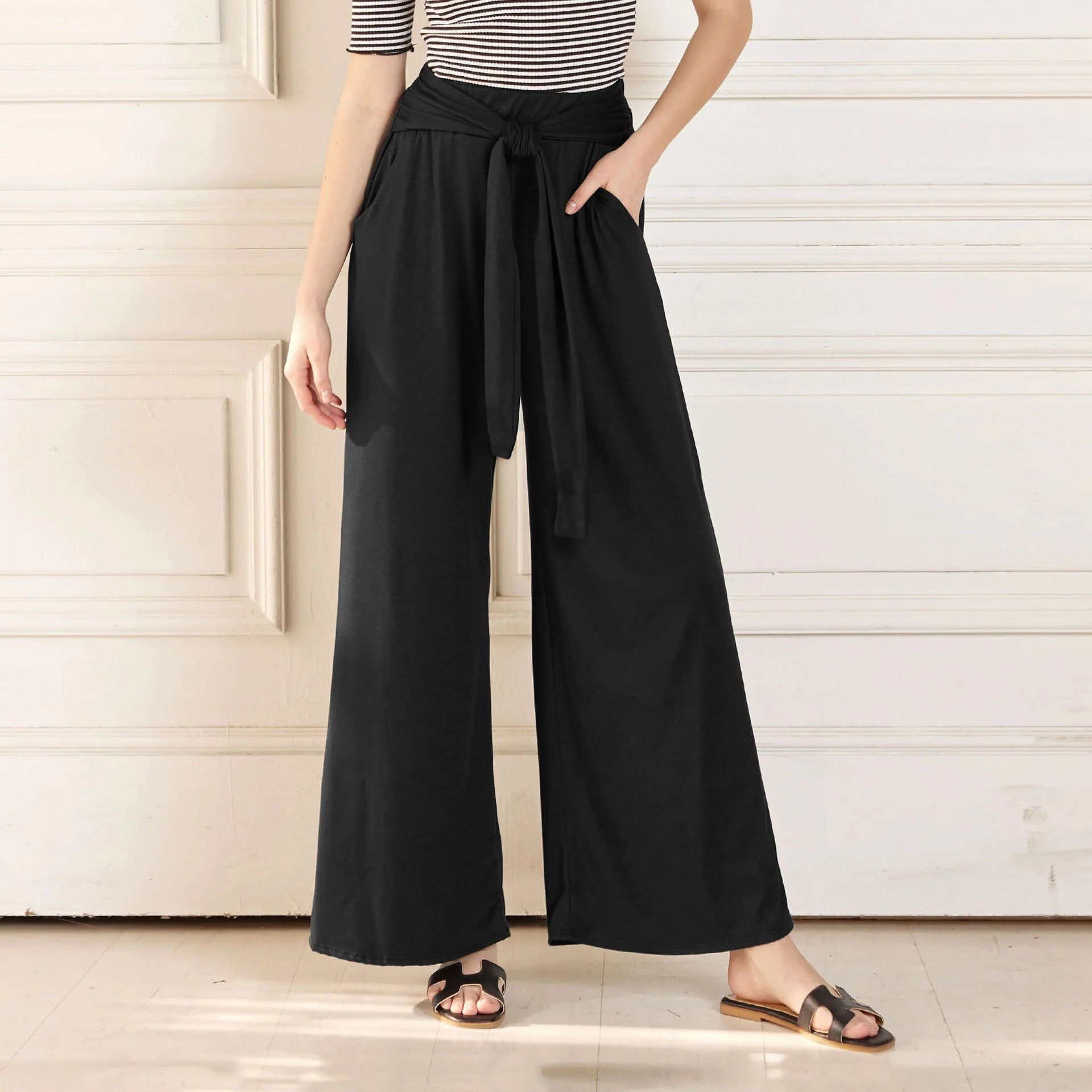 Damen Bequeme und stylische Weite Hose mit Taillengürtel WW