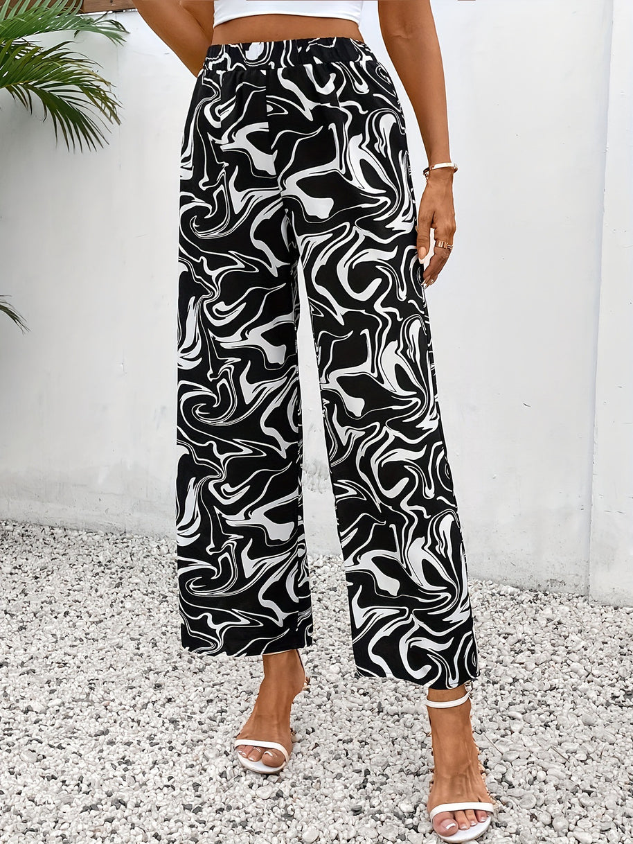 Damen Weite Palazzo-Hose mit modernem Marmorprint und elastischem Bund WW