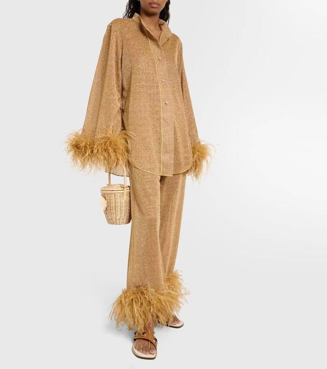 W&W Mode | Herbst Winter Feder Stehkragen Langarmoberteil und Hosen Set