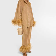 WW | Herbst Winter Feder Stehkragen Langarmoberteil und Hosen Set