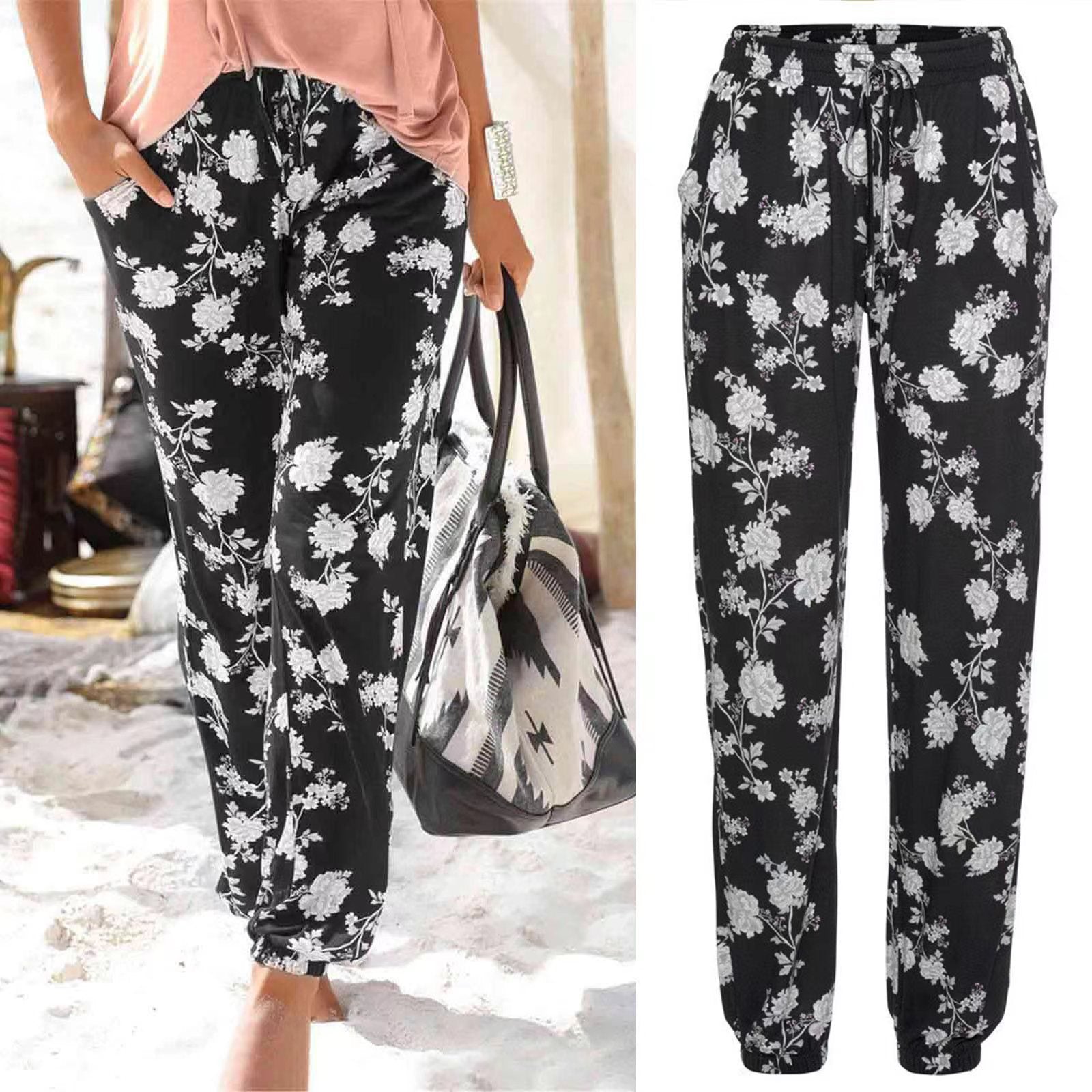 Damen Blumenhose mit elastischem Bund und seitlichen Taschen WW