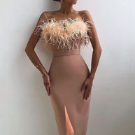 Damen Abendkleid mit feiner Federapplikation WW