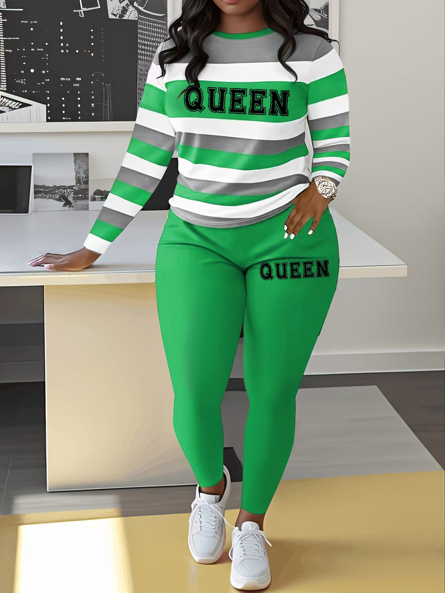 Damen Sportliches Zweiteiler-Set mit gestreiftem Oberteil und leggings WW