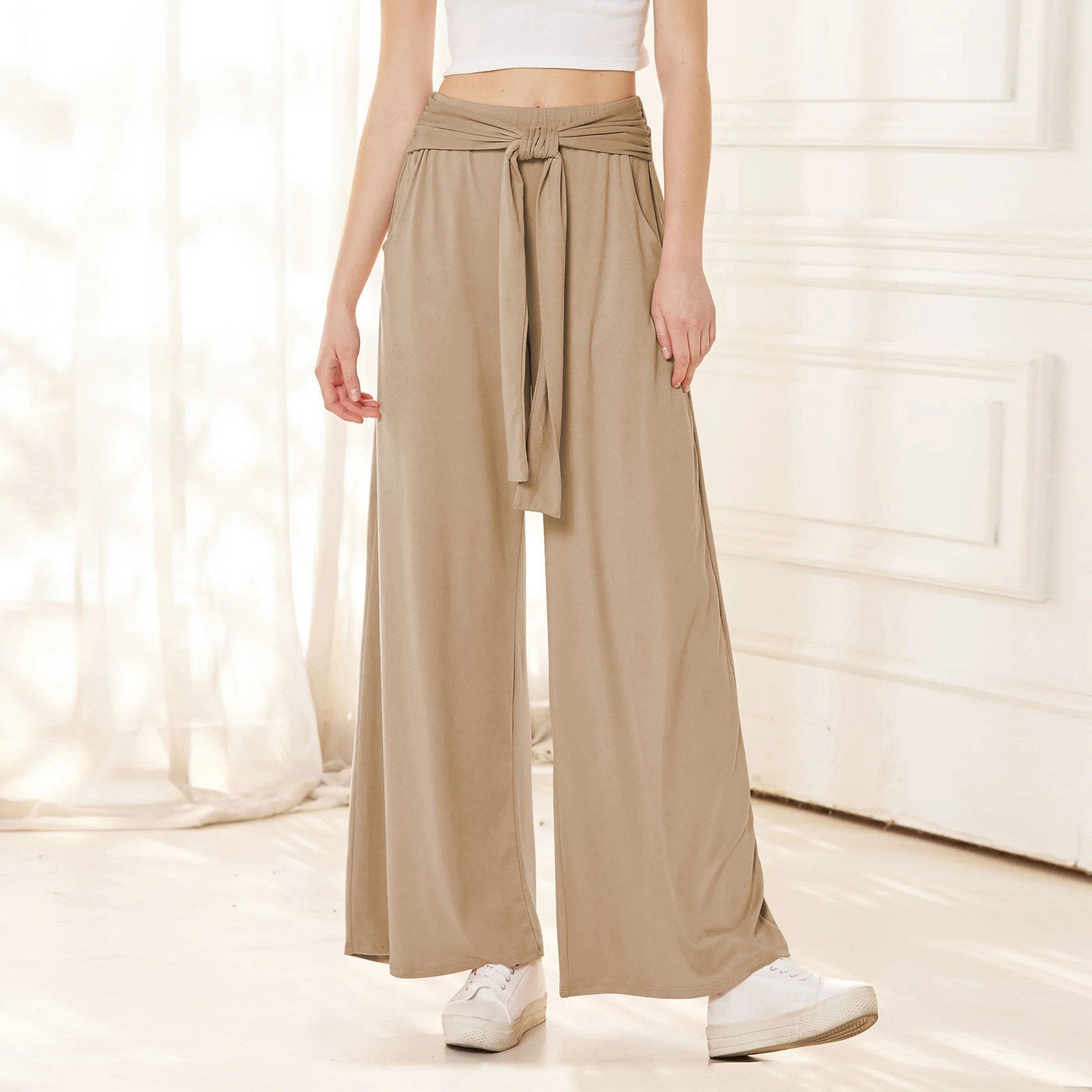 Damen Bequeme und stylische Weite Hose mit Taillengürtel WW