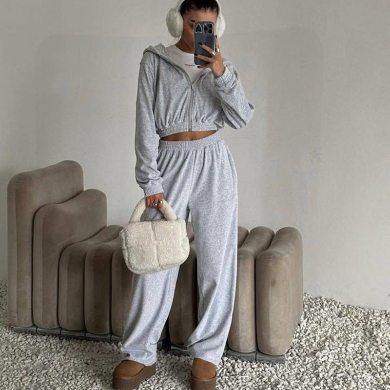 Damen sportliches Velours-Jogginganzug-Set mit lässigem Schnitt und praktischen Taschen WW