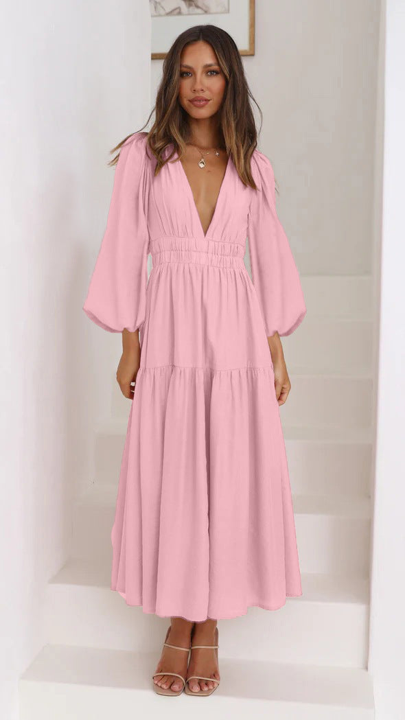 Damen Maxikleid mit tiefem V-Ausschnitt und weit ausgestellten Ärmeln W&W Mode