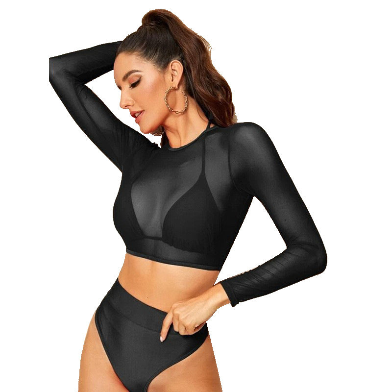 Damen Sport-Bikini-Set mit Langarm-Oberteil und Hoher Taille WW