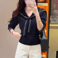 Damen stilvoller Pullover mit Schleifenkragen und feiner Strickstruktur WW