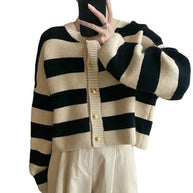 Damen Strickjacke mit goldenen Knöpfen und Streifenmuster WW