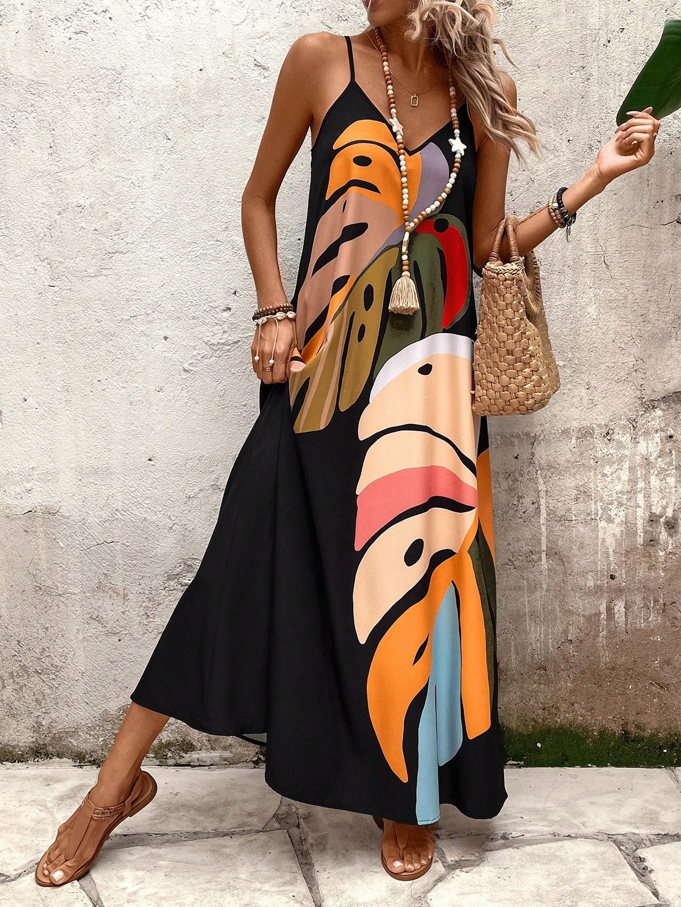 Damen Sommerliches Maxikleid mit buntem Blattdruck WW