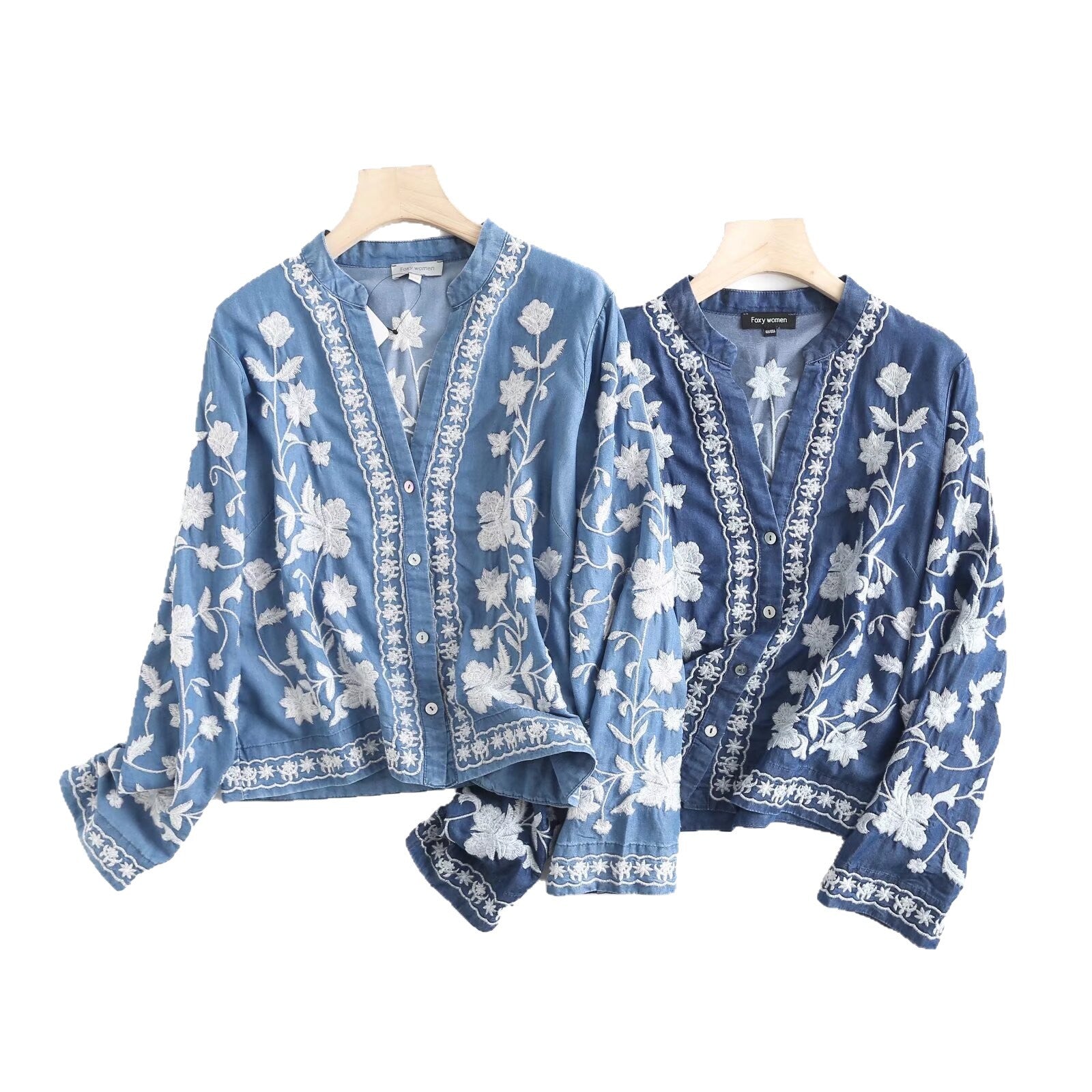 Damen bestickte Bluse im Vintage-Stil mit elegantem Kragen und Druckknopfverschluss WW
