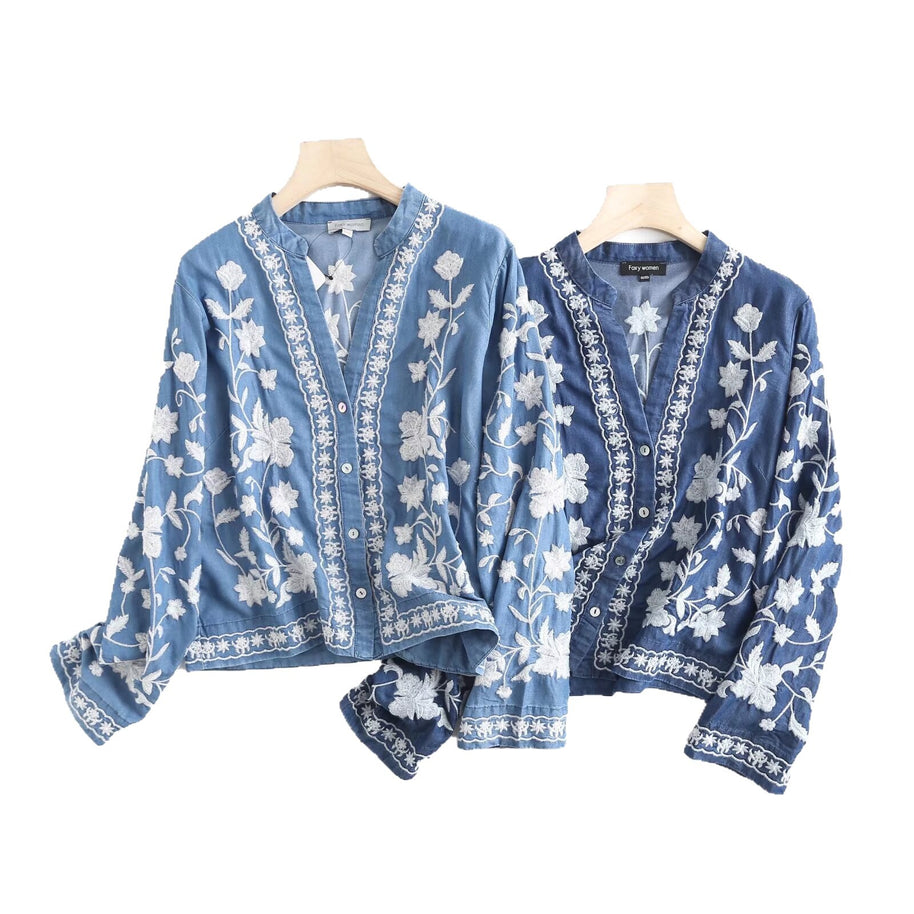 Damen bestickte Bluse im Vintage-Stil mit elegantem Kragen und Druckknopfverschluss WW