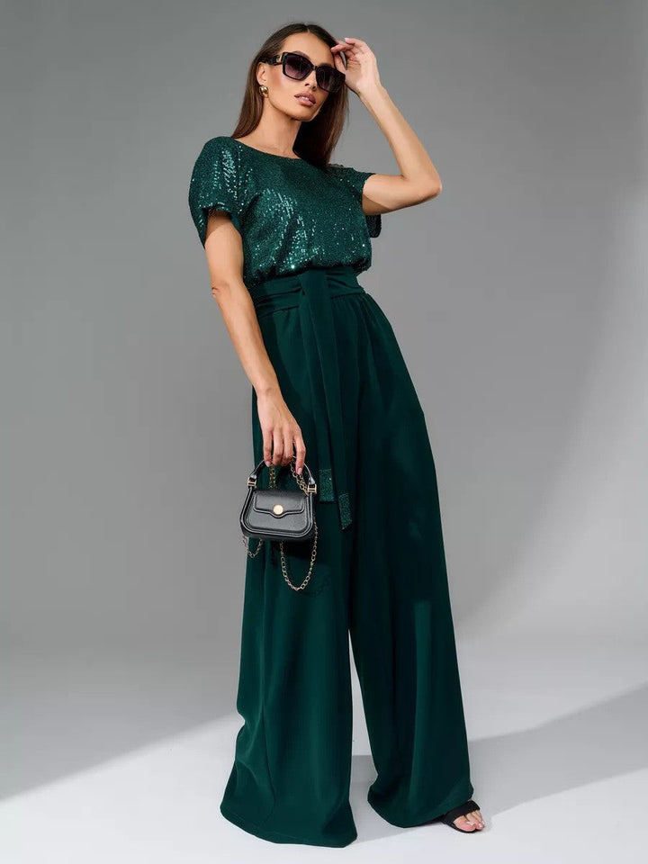 Damen Glamouröses Overalls mit glitzerndem Oberteil und weit geschnittenen Hosen W&W Mode