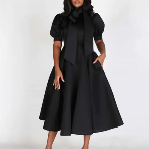 Damen Ballonkleid mit eleganter Schleifenverarbeitung und Taschen WW