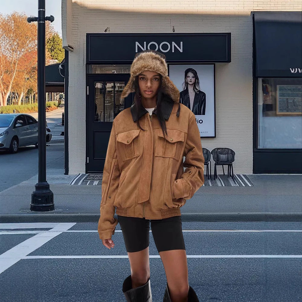 Damen Kunstlederjacke mit abnehmbarer Kapuze und voluminösen Ärmeln WW