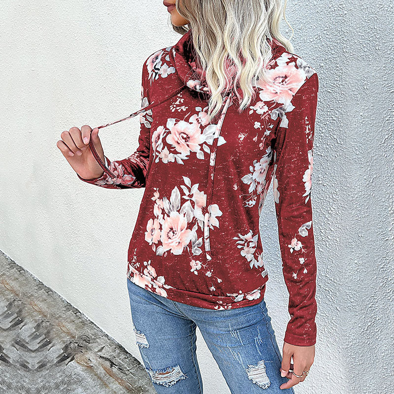 Damen Kapuzenpullover mit floralem Muster und modernem Rollkragen WW